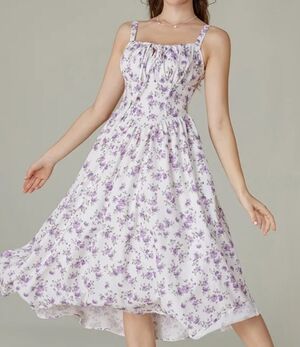 Scarlet Darkness White And Purple Floral Milkmaid Whimsy Spring Dress L
